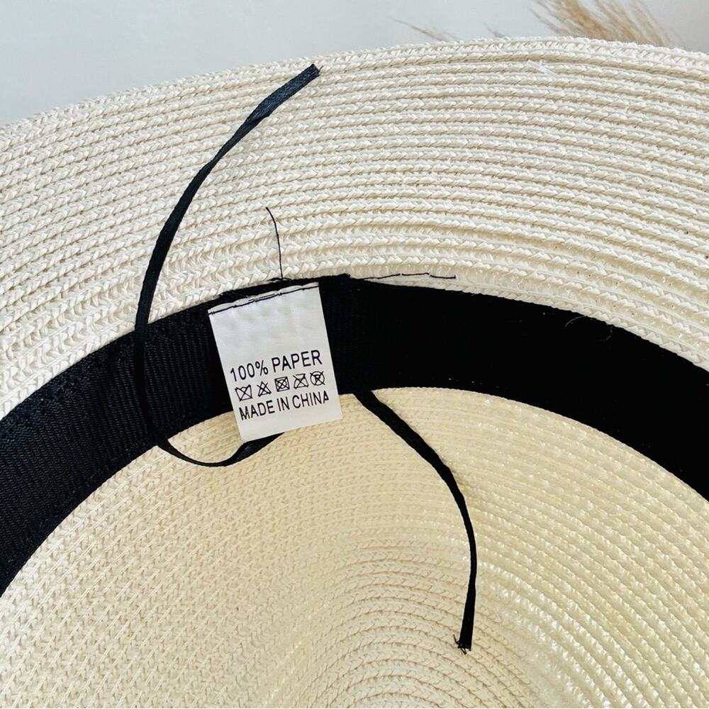 VINTAGE NORDSTROM Cream Tan Straw Wide Visor Brim Green Peacock Fedora Sun Hat - Picture 6 of 11